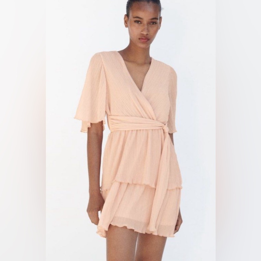 Zara pink ruffle short sleeve dress flowy size M NWT